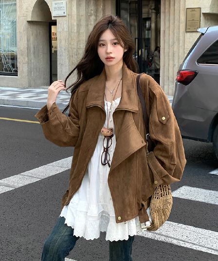 스웨이드 원단 오토바이 재킷 가을 레트로 아름다움 라드. 캐주얼 루즈핏 느긋한 폴로 칼라 프로필 모양 센스 재킷 여성