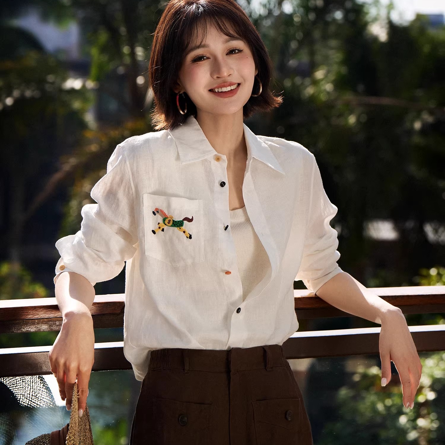 아름 다운 ~ 중 것들 오래된 돈 바람 아마 셔츠 무지개 싱글 줄 버튼 작은 말 주머니 자수 셔츠 여성 26 새로운