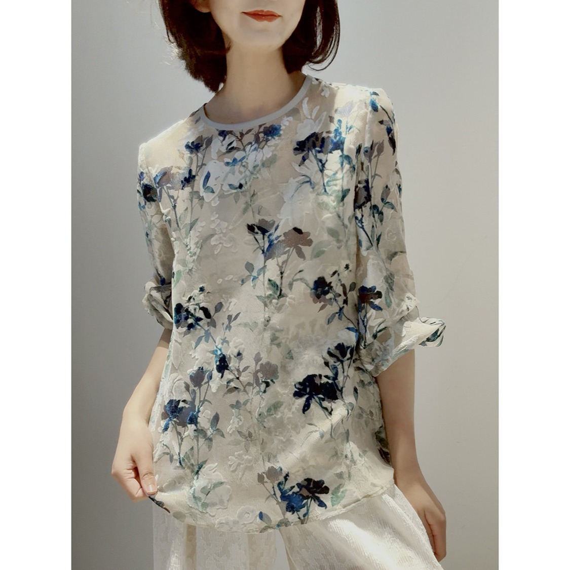 떨어지는 꽃 문자열 외부 비 실크 작은 셔츠 골드 선 벨벳 썩은 꽃 무거운 작업 루즈핏 라운드 넥 블라우스 맨위 여성 새로운