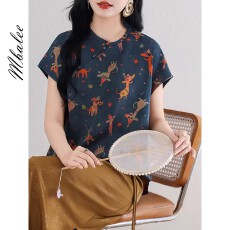 批发100%桑蚕丝红云纱新中式国风上衣女短袖2026新款年轻版<b class='q'>真丝</b><b class='q'>衬衫</b>夏