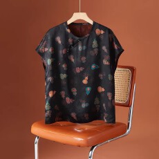 批发100%<b class='q'>真丝</b>香云纱年轻版新中式上衣女印花妈妈夏装新款桑蚕丝小衫