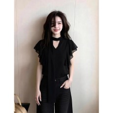 批发优雅风黑色V领小飞袖飘带衬衫女2026夏季新款<b class='q'>轻熟</b>设计感减龄上衣