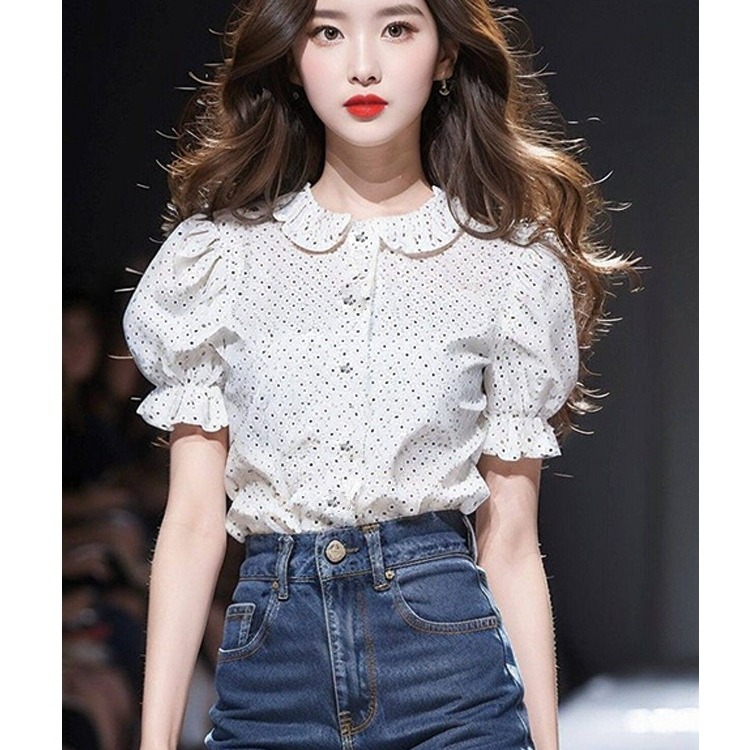 화이트 작은 도트 무늬 베이비 칼라 반팔 여성 셔츠 2026 섹션 프랑스식 품격 프릴 고유 한 Chic 작은 맨위
