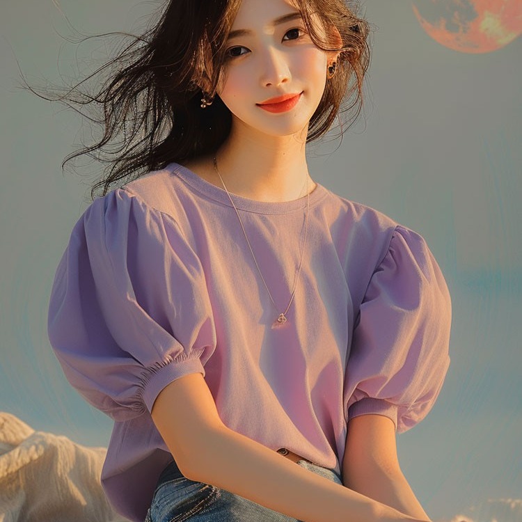 작은 샤넬 스타일 보라색 셔츠 2026 새로운 루즈핏 슬림해 보이는 한 부서 고유 한 Chic 아름다운 거품 소매 긍정적 인 어깨 의류