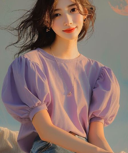 작은 샤넬 스타일 보라색 셔츠 2026 새로운 루즈핏 슬림해 보이는 한 부서 고유 한 Chic 아름다운 거품 소매 긍정적 인 어깨 의류