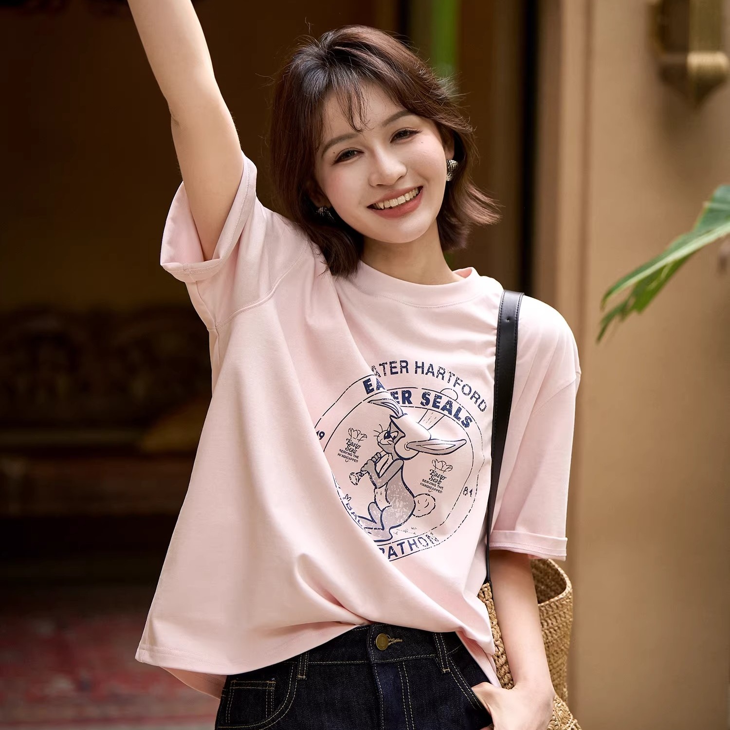 사쿠라 꽃가루 토끼 t 丨 레트로 토끼 프린트 루즈핏 활력 연령 감소 반팔 티셔츠 여성 26 새로운 웃음 한 법원