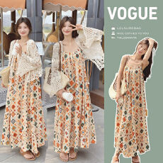 批发现 新款<b class='q'>春</b>夏孕妇装波西米亚风吊带宽松连衣裙+镂空钩花开衫套装