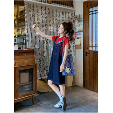 批发牛仔<b class='q'>背带</b>裙套装女2025夏季新款日系可爱休闲风红色T恤裙子两件套