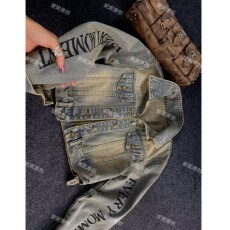 批发美式复古印花<b class='q'>牛仔</b>外套女春秋季薄荷曼波重工宽松显瘦<b class='q'>夹克</b>8703