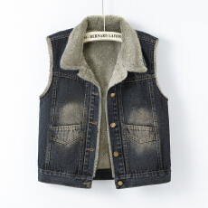 批发2025新款复古蓝时尚加绒加厚<b class='q'>翻领</b>牛仔马甲女秋季宽松百搭坎肩马夹