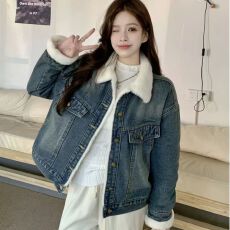 批发加绒加厚牛仔<b class='q'>外套</b>女秋冬2025新款宽松百搭短款小个子羊羔绒棉衣服