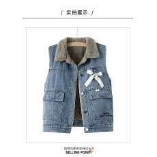 批发2025新款复古时尚翻领蝴蝶结加绒<b class='q'>牛仔</b><b class='q'>马甲女</b>秋冬季加厚设计感无袖