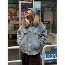 批发川川也可拆卸毛领牛仔座山雕夹克棉服男女冬季新加绒重磅水洗外套