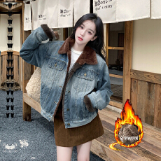 批发韩系初冬chic外套女小香风高级感羊羔绒加绒加厚毛领牛仔夹克上衣