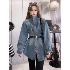 批发美式金扣立领加绒牛仔<b class='q'>外套女</b>2025秋冬季欧货宽松配腰带加厚衬衫