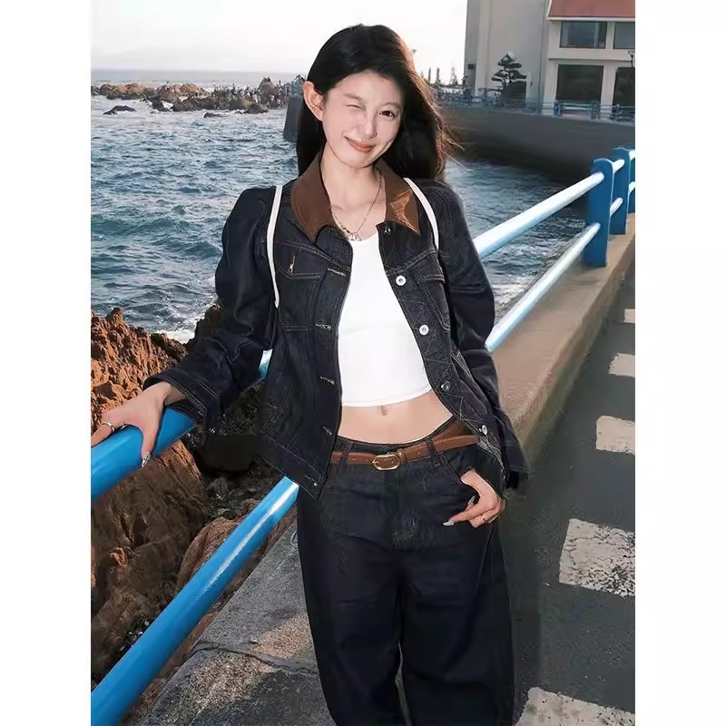 아메리칸 레트로 배색 폴로 칼라 데님 여성 코트 가을 새로운 루즈핏 다용도 캐주얼 고급 센스 재킷 맨위