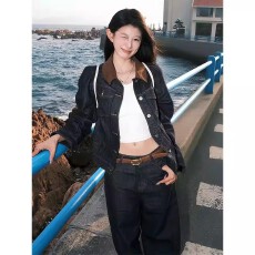 批发美式复古撞色翻领牛仔外套女<b class='q'>秋</b>季新款宽松百搭休闲高级感夹克上衣