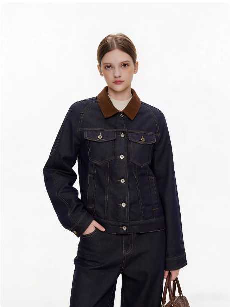 moodberry 아메리칸 레트로 데님 재킷 여성 코트 가을 새로운 배색 폴로 칼라 다용도 캐주얼 맨위