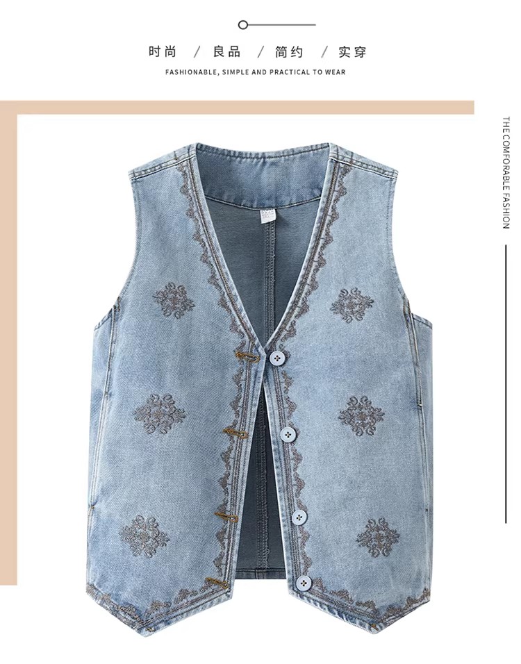 유럽 역 2026 봄 새로운 유럽 상품 여성 V넥 자수 작은 대중 디자인 다용도 쇼트 스타일 데님 조끼