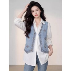 批发欧洲站高级感V领<b class='q'>牛仔</b><b class='q'>马甲</b>女刺绣单排扣时尚薄款无袖<b class='q'>背心</b>外套夏季