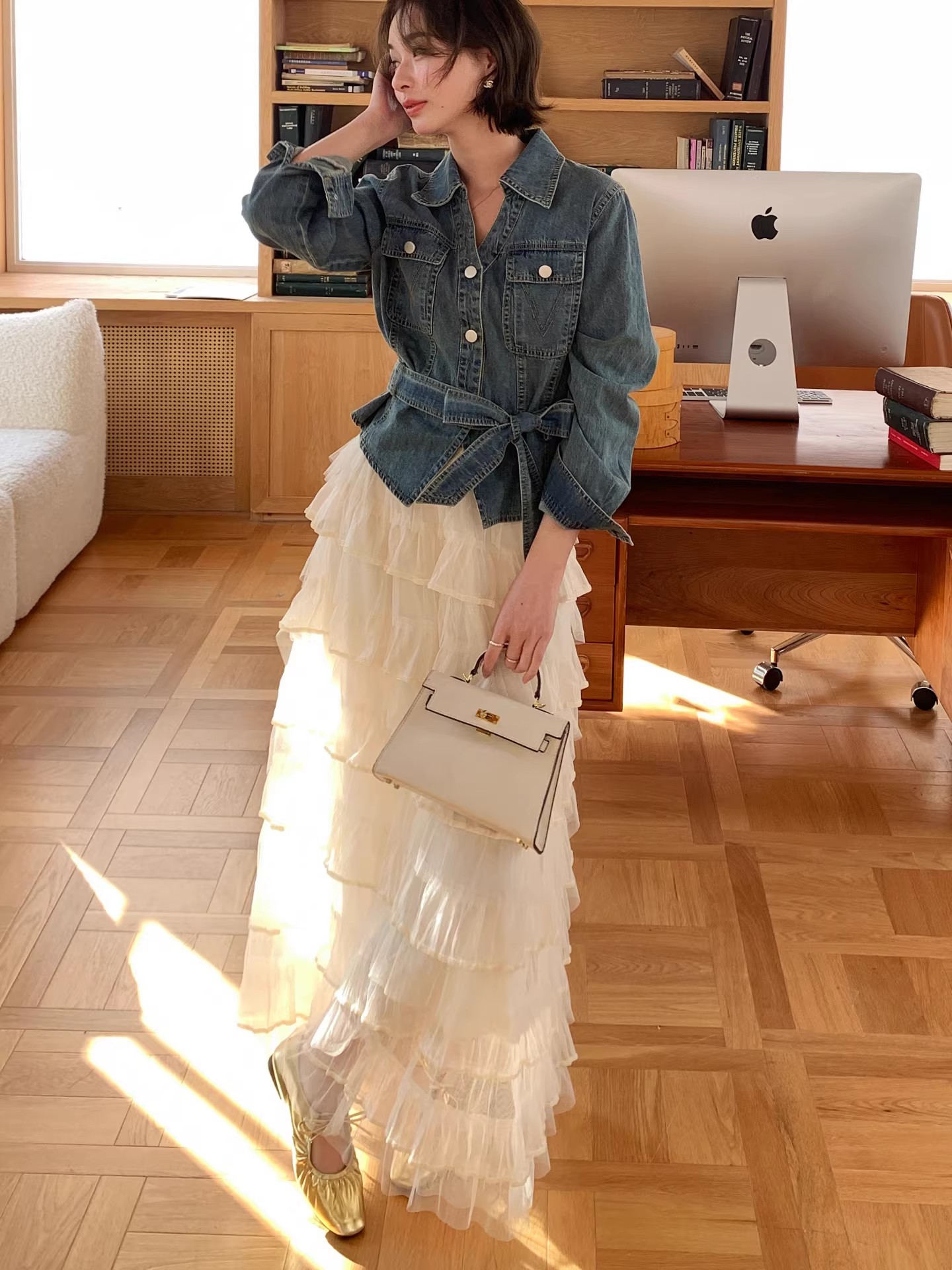 밀 v 폴로 칼라 허리 수축 데님 재킷 세트 여성 2026 년 봄 여름 새로운 패션 연령 감소 반신 스커트 투피스 세트