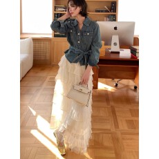 批发麦v翻领收腰牛仔外套套装女2026年春夏新款时尚减龄<b class='q'>半身裙</b>两件套