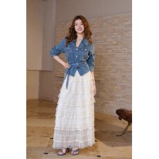 批发港风法式氛围感套装收腰牛仔衬衫外套<b class='q'>长裙</b><b class='q'>网纱</b>蛋糕裙一整套早春