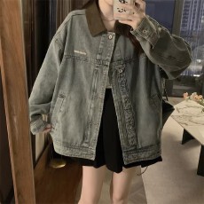 批发潮牌美式<b class='q'>宽松</b>巴恩风设计感小众拼接翻领牛仔外套女2025新款夹克衣