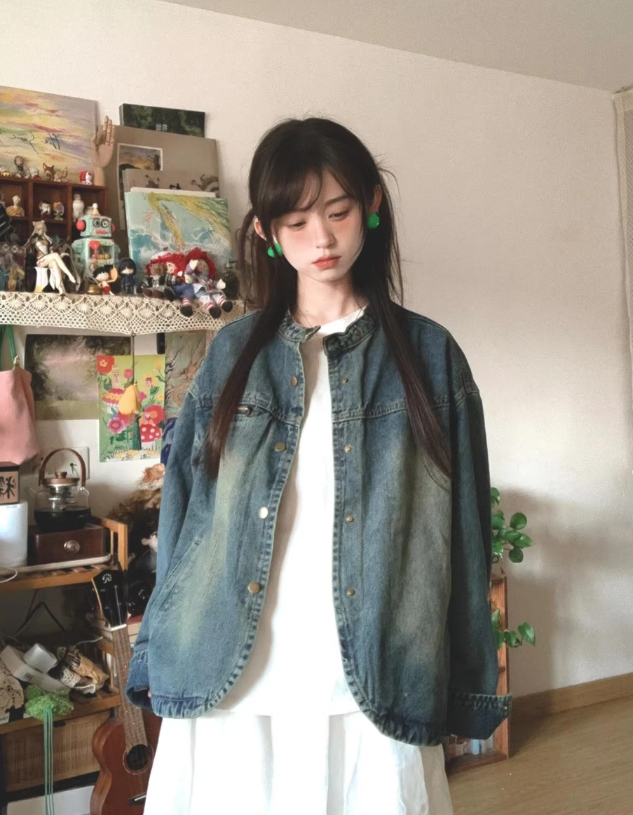 슈퍼 잘 생긴 ~ 중 일본식 레트로 마 오래된 데님 여성 코트 봄 가을 루즈핏 캐주얼 작은 대중 디자인 센스 재킷 맨위