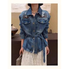 批发重工刺绣系带牛仔外套女欧货2026春新款翻领收腰显瘦百搭夹克上衣