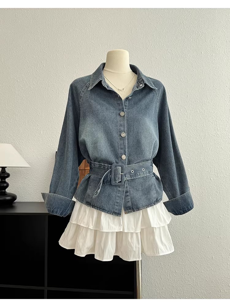 레트로 디자인 센스 폴로 칼라 긴팔 셔츠 카우보이 바깥 세트 여자 봄 새로운 루즈핏 레이스업 허리 수축 짧은 맨위