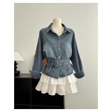 批发复古<b class='q'>设计</b>感翻领长袖衬衫牛仔外套女款春季新款宽松系带收腰短上衣