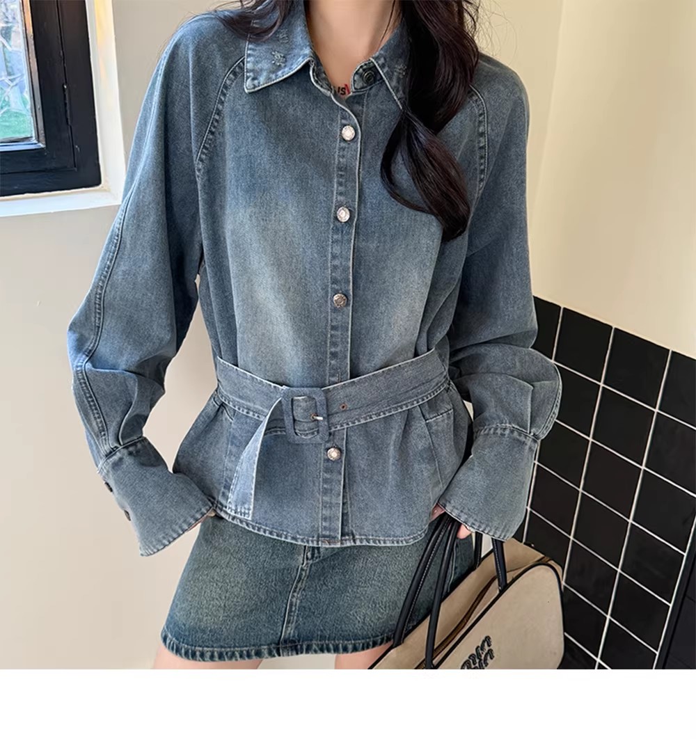 레트로 데님 여성 셔츠 허리 수축 맨위 여성 2026 이른 봄 디자인 센스 벨트 슬림해 보이는 외국 가스 캐주얼 재킷