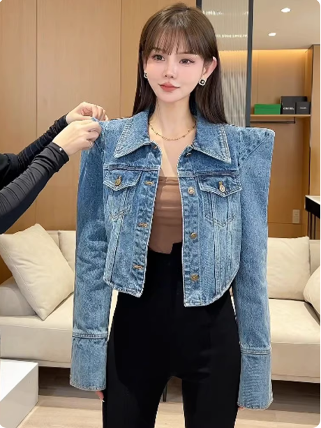 프랑스식 레트로 항구 바람 어깨 패드 디자인 센스 쇼트 스타일 데님 여성 코트 가을 겨울 외국 가스 다용도 슬림해 보이는 재킷 맨위