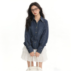 批发高级感港风复古做旧牛仔衬衣POLO领收腰显瘦早春季韩版显瘦衬衫女