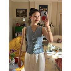 批发韩版复古v领<b class='q'>牛仔</b>马甲外套女夏季新款休闲收腰显瘦短款<b class='q'>背心</b>上衣潮