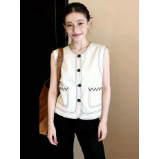 批发无袖<b class='q'>牛仔</b>马甲女夏季外搭时髦洋气老钱风明线口袋圆领马夹<b class='q'>背心</b>上衣