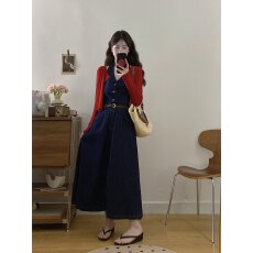 批发港风复古挂脖v领<b class='q'>牛仔</b><b class='q'>背心</b>裙开衫女大码微胖mm收腰显瘦气质连衣裙