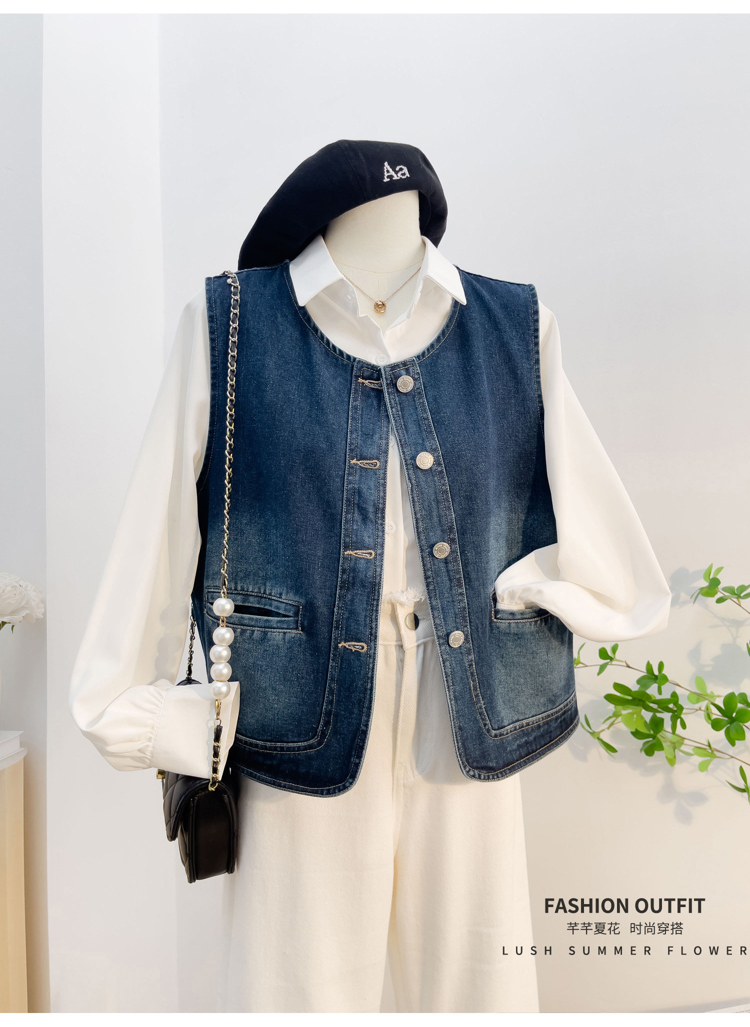 2026 새로운 여름 슈퍼 화재 연령 감소 쇼트 스타일 데님 여성 코트 진한 파란색 라운드 넥 스택 착용 베스트 조끼 맨위