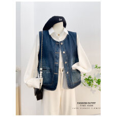 批发2026新款夏季超火减龄短款牛仔外套女深蓝色圆领叠穿马甲背心上衣