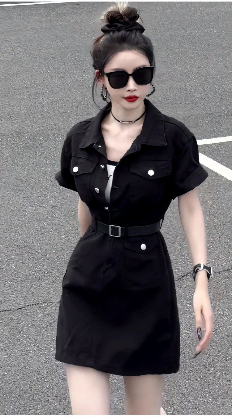 아메리칸 POLO 칼라 반팔 워크웨어 데님 여성 드레스 여름 새로운 고급 센스 패션 허리 수축 슬림해 보이는 미니 스커트