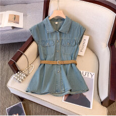 批发复古港风中长款牛仔衬衫女夏季新款高级感马甲飞飞袖开衫外套上衣