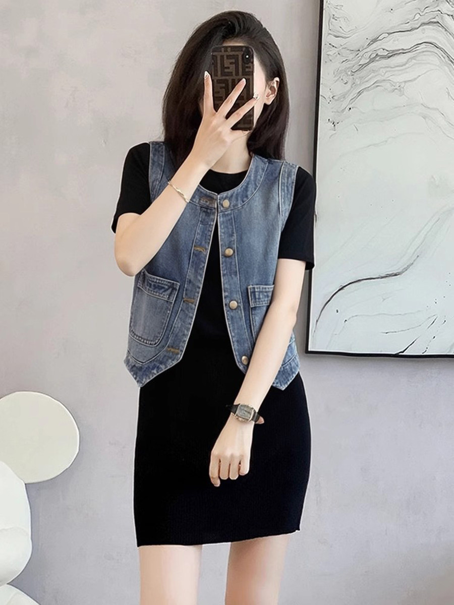 쇼트 스타일 데님 조끼 여자 여름 레트로 민소매 어깨 조끼 조끼 라운드 넥 스택 착용 재킷 오픈 가디건 맨위 트렌디