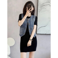 批发短款牛仔马甲女夏季复古无袖坎肩背心马夹圆领叠穿外套开衫上衣潮