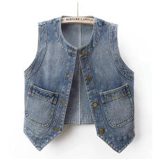 批发复古百搭牛仔马甲女短款春秋时尚大码圆领无袖外搭小背心坎肩外套