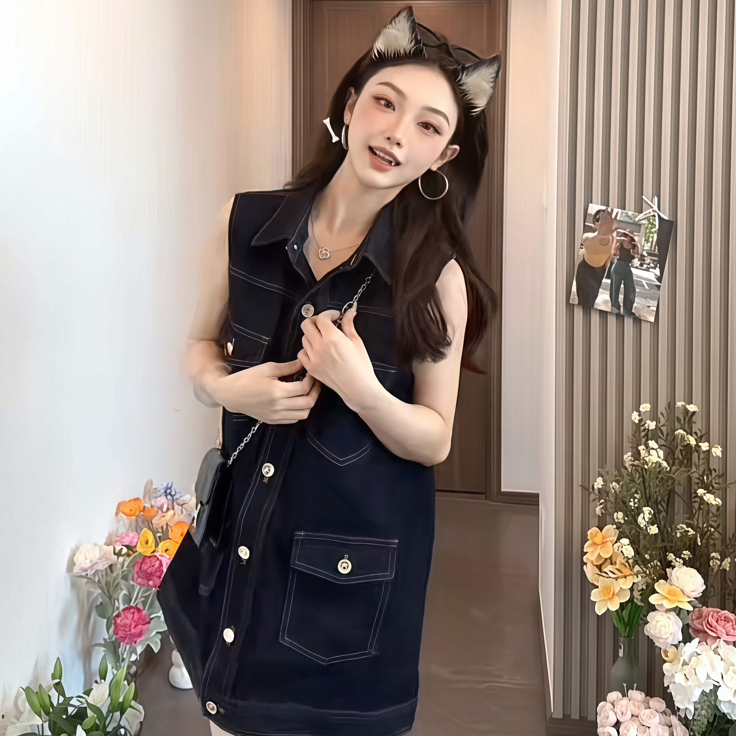 아메리칸 레트로 POLO 칼라 싱글 줄 버튼 민소매 데님 드레스 작은 키 외국 가스 달콤한 차가운 연령 감소 조끼 미니 스커트