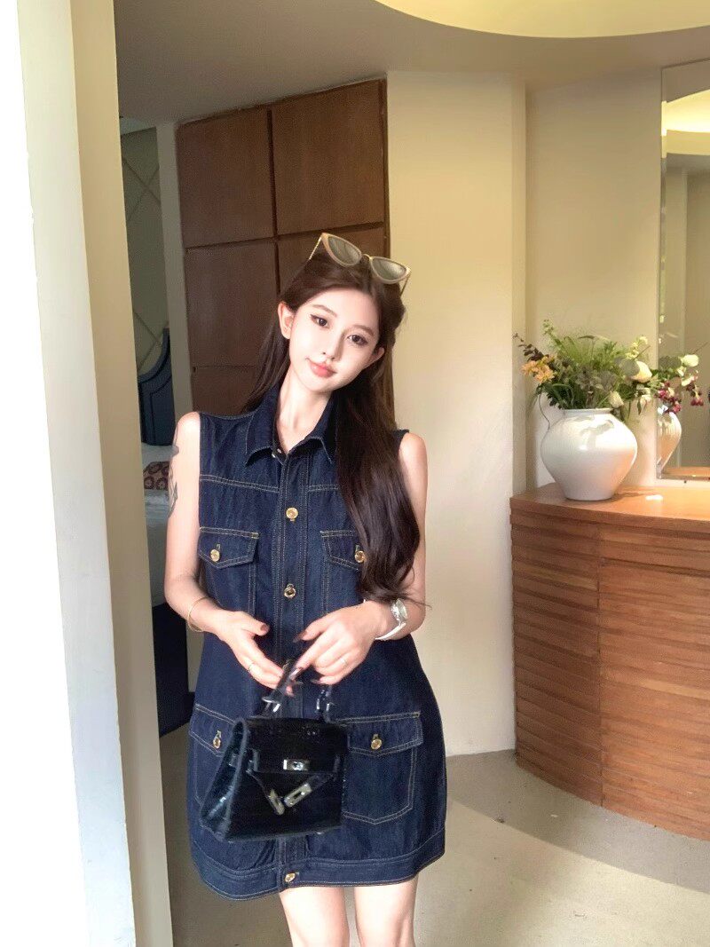 한 부서 레트로 스타일 주머니 디자인 조끼 여성 드레스 여름 2025 새로운 루즈핏 슬림해 보이는 다용도 데님 스커트