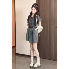 批发赫本风<b class='q'>西装</b>复古牛仔连衣裙女装夏季法式新款收腰显瘦短袖百褶裙子