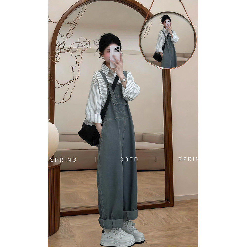 2026 봄 코디 전체 집합 빅 사이즈 여성 의류 여름 지방 mm 넓은 다리 데님 멜빵 바지 폴로 칼라 셔츠 투피스 세트