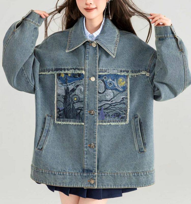 고급 자수 데님 여성 코트 이문화 y2k 레트로 문예 루즈핏 디자인 슬림해 보이는 아메리칸 재킷 맨위
